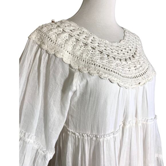 Free People Crochet Boat Neck Long Sleeve Tiered Flowy Boho Dress White Small - Picture 3 of 12